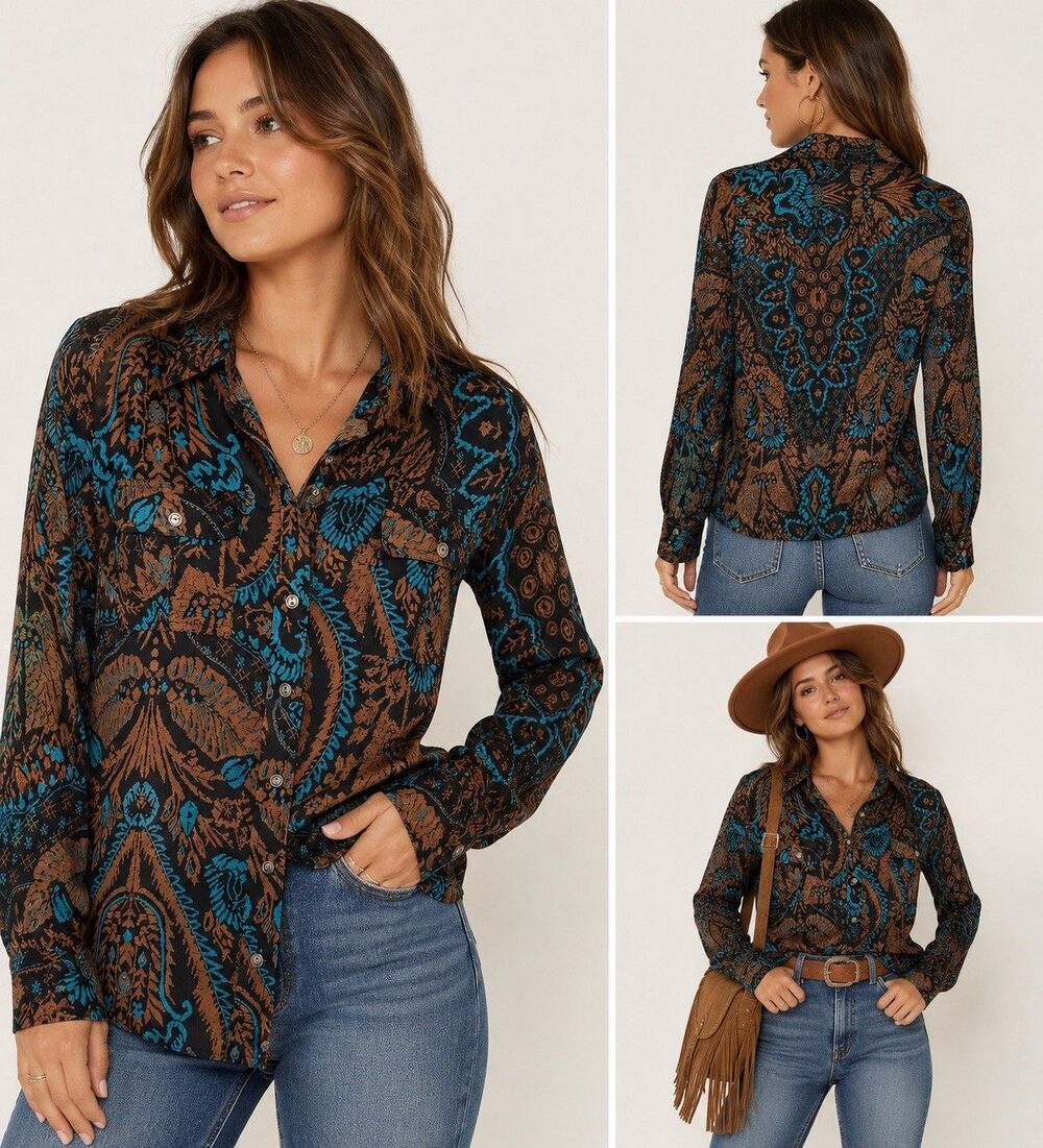 Lucky Brand 100% Silk Boho Batik Western Print Button Up Shirt Brown Teal Small